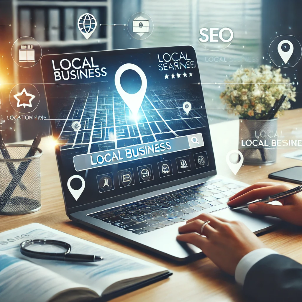 A laptop showcases a digital local business map with SEO icons and search features. Nearby, a person focuses at their desk, surrounded by books, a plant, and a coffee cup, aiming to optimize their website for effective local search strategies.