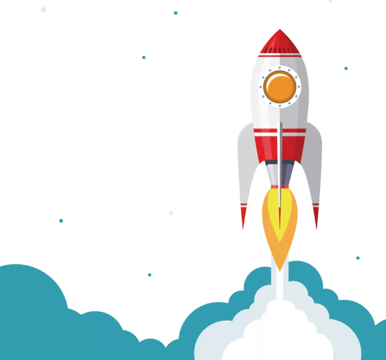 Illustration of a red and white rocket launching upwards, symbolizing the dynamic growth of a small business. Surrounded by clouds and small dots representing stars or space debris, this graphic captures the essence of ambition and development.