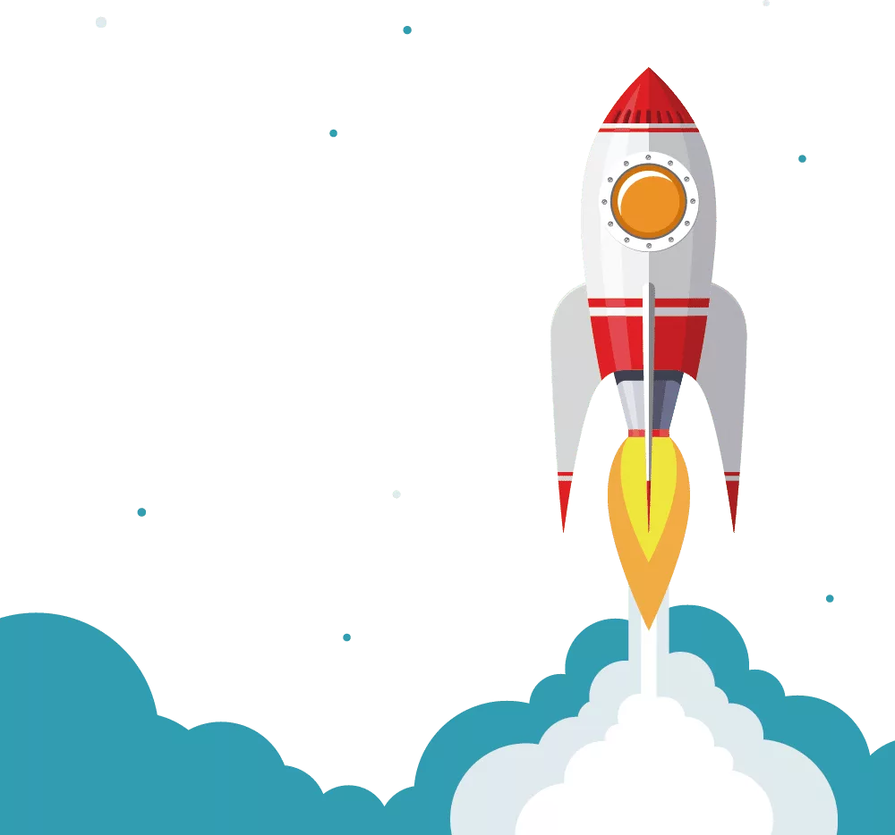 Illustration of a red and white rocket launching upwards, symbolizing the dynamic growth of a small business. Surrounded by clouds and small dots representing stars or space debris, this graphic captures the essence of ambition and development.