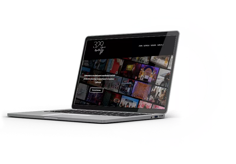 An open laptop showcases a vibrant homepage created with Divi, featuring a collage of colorful thumbnails.