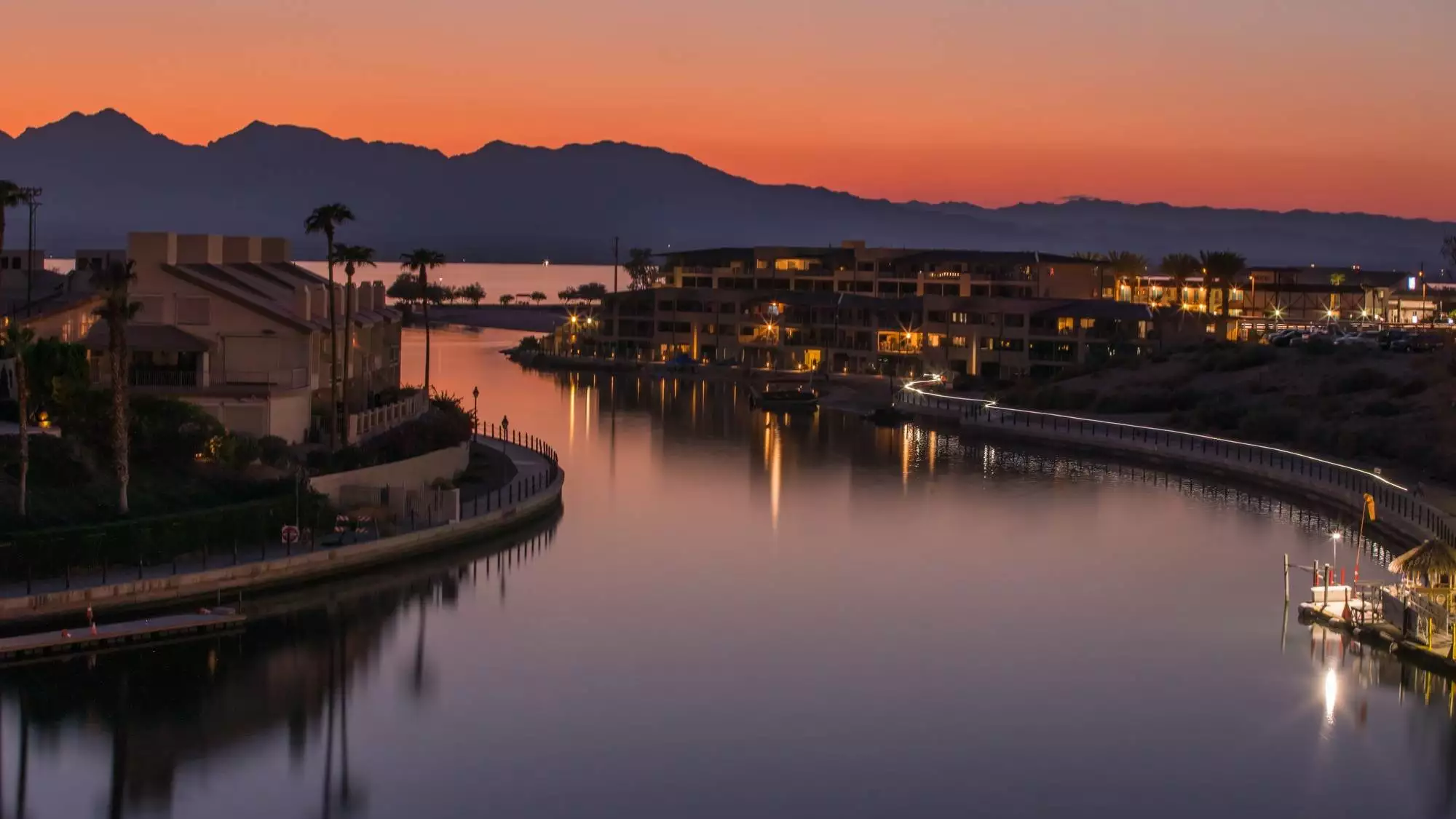 View of Lake Havasu City from top of London Bridge after sunset